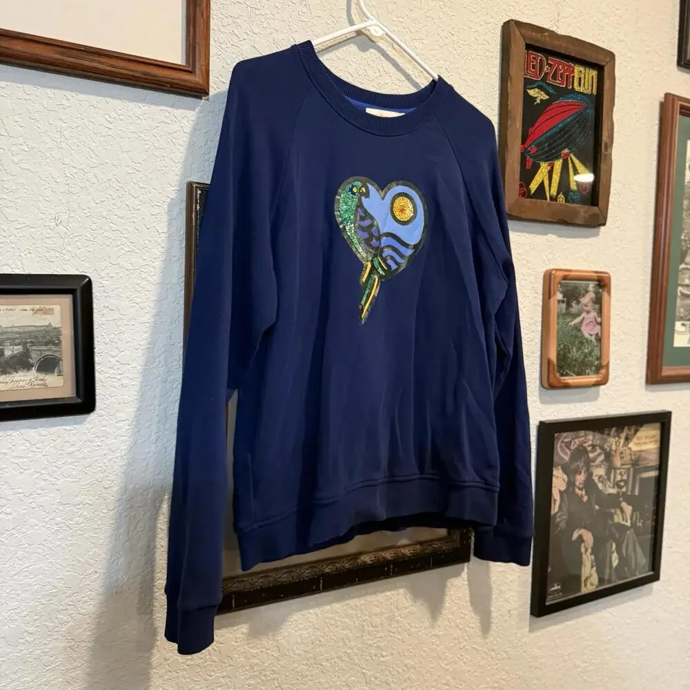 Tory Burch Blue Designer Noah‎ Women’s Crewneck Peacock Sweatshirt Size Large